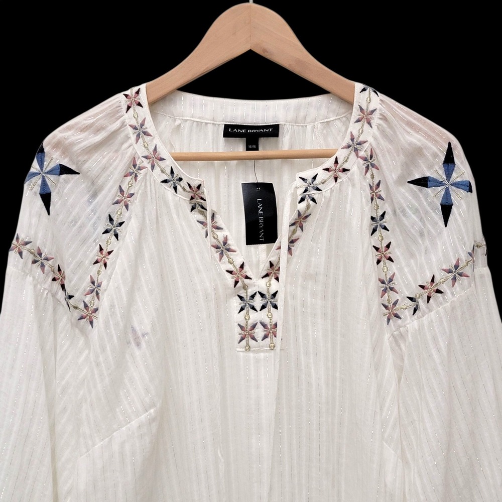 Lane Bryant Size 14/16 Embroidered Peasant Blouse White Boho Tassel Top‎ New - Picture 6 of 16